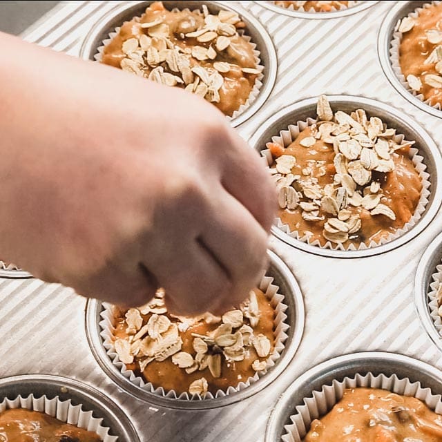 fill the muffin tins and add on the oats