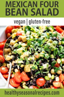 white bowl overhead mexican bean salad with spoon