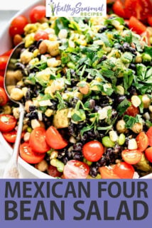 white bowl overhead mexican bean salad with spoon