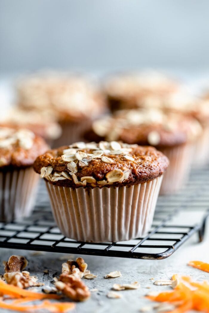 closr-up of muffin from the side on a cooling rack