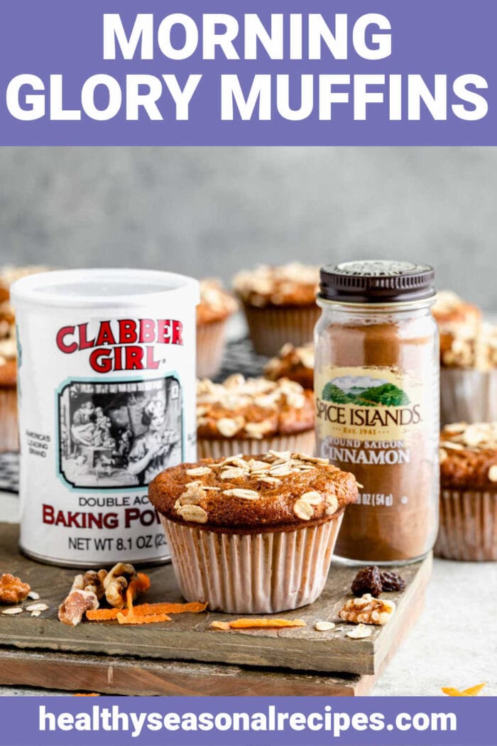 side view of muffins, baking powder and cinnamon with text overlay
