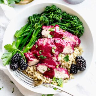 Blackberry chicken over quinoa with broccolini