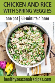 one pot chicken and spring veggies text overlay