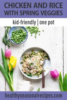 one pot chicken and spring veggies text overlay
