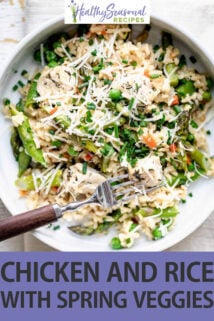 one pot chicken and spring veggies text overlay