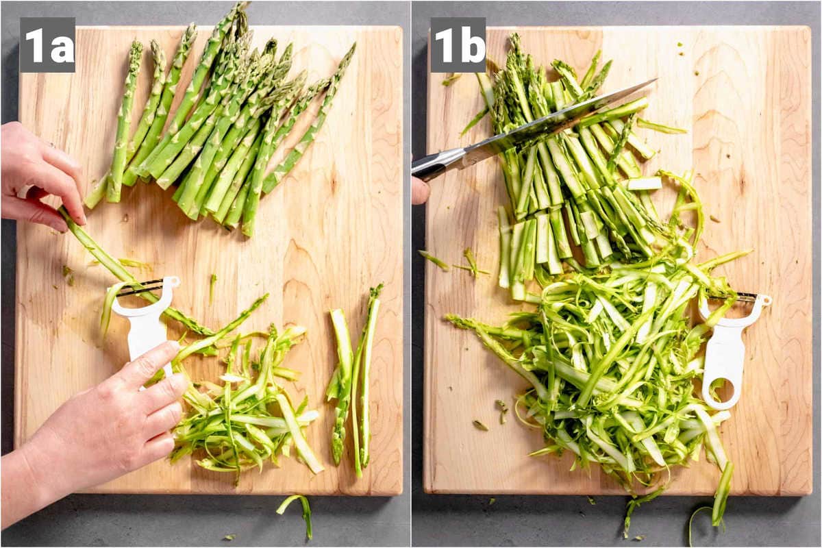 A knife on a cutting board with Shaved asparagus