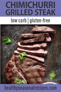 Grilled Sirloin Steak with Chimichurri Sauce text overlay