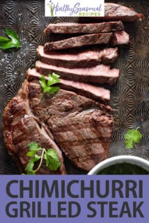 Grilled Sirloin Steak with Chimichurri Sauce text overlay
