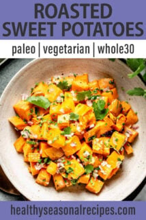 roasted sweet potatoes text overlay