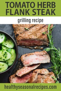 tomato herb flank steak text overlay