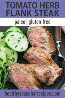 tomato herb flank steak text overlay