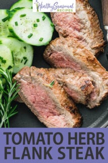 tomato herb flank steak text overlay