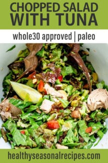 Chopped Salad with Tomatoes, Olives, and Tuna text overlay