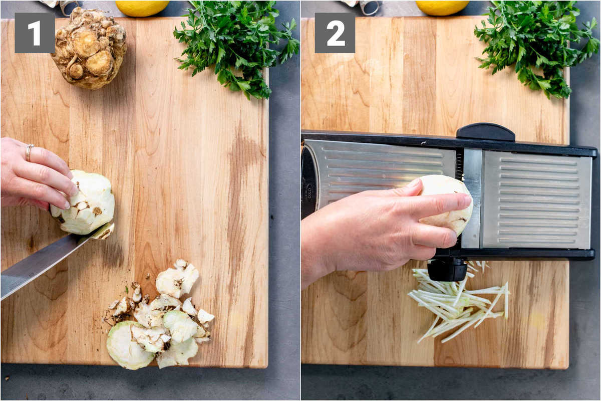 peel the celeriac and cut with a mandoline