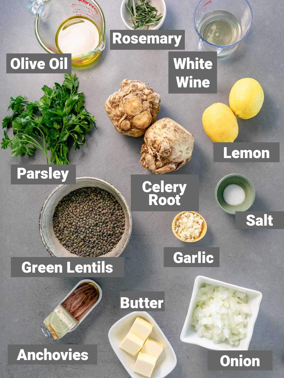 ingredients for the recipe on a gray countertop with labels