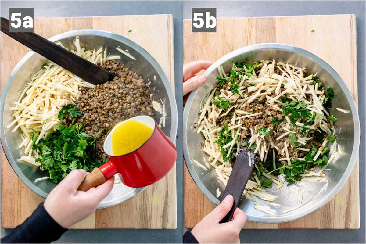 pour the dressing over the ingredients and toss to coat