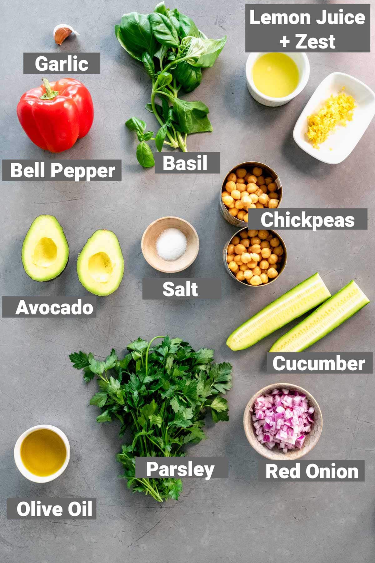 ingredients for the salad with labels
