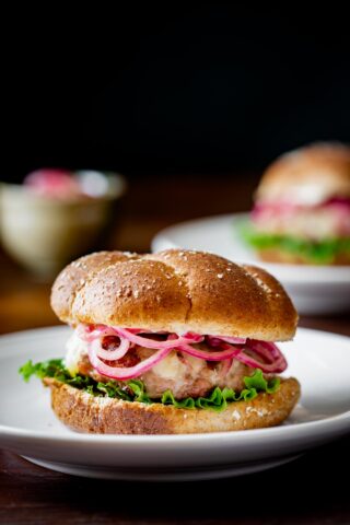 turkey burger with fontina and maple pickled onions