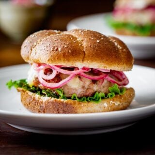 turkey burger with fontina and maple pickled onions