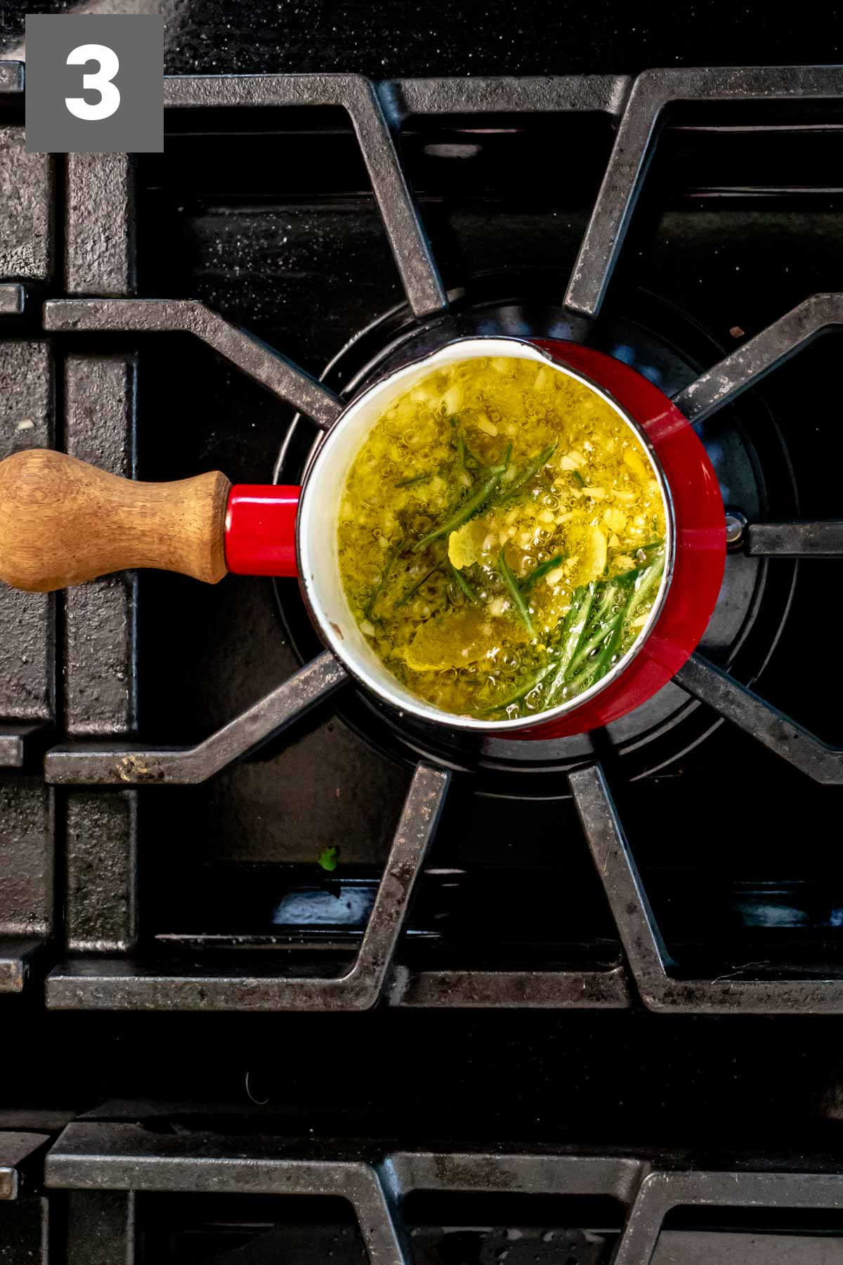 simmer the rosemary and lemon peel in the bagna cauda