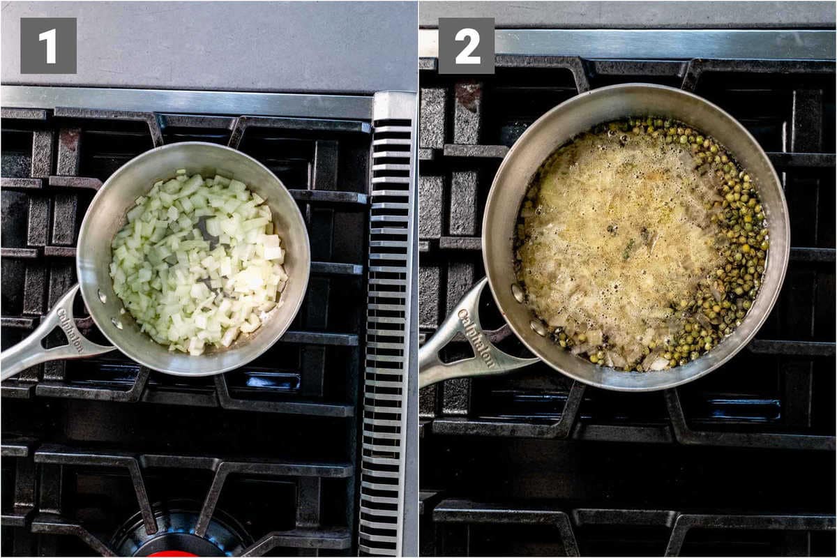 saute the onion, deglaze then add lentils and water to cook the lentils