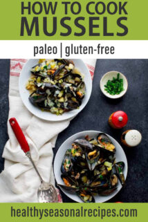 mussels with apples and bacon text overlay