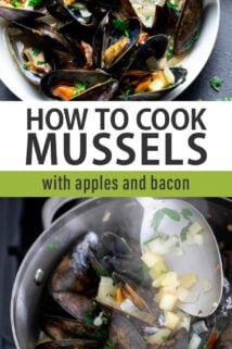 mussels with apples and bacon text overlay
