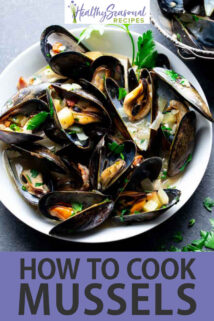 mussels with apples and bacon text overlay
