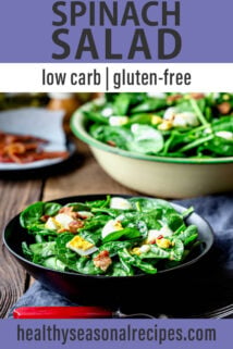 spinach salad with bacon and eggs text overlay