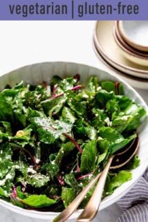 beet green salad white serving bowl text overlay