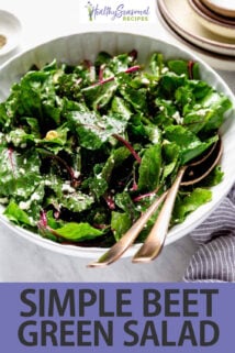 beet green salad white serving bowl text overlay