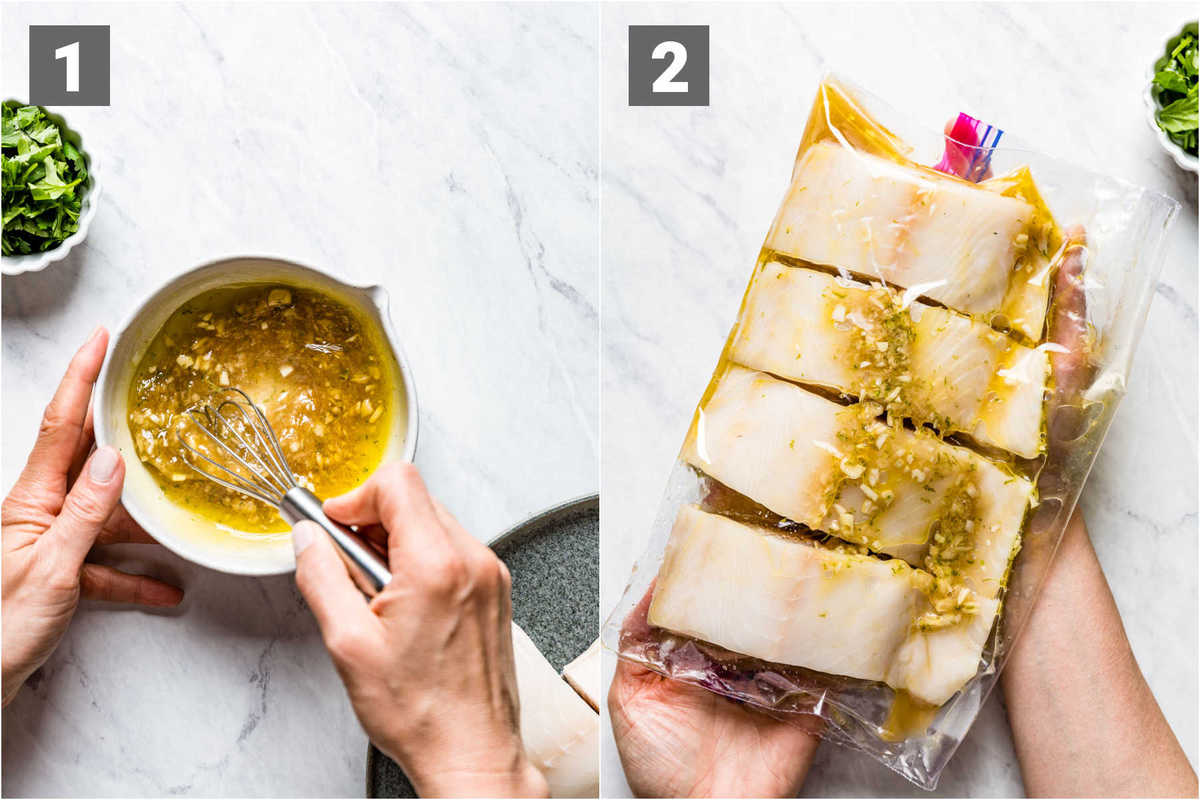 whisking the marinade and the fish in a bag with the marinade