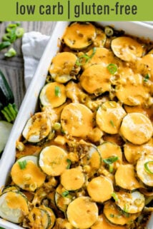 white casserole dish cheesy zucchini text overlay