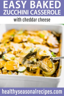 white casserole dish cheesy zucchini text overlay