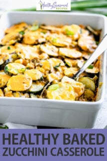 white casserole dish cheesy zucchini text overlay