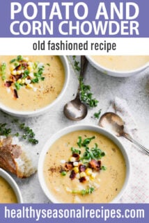 bowls of corn chowder text overlay
