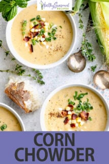 bowls of corn chowder text overlay