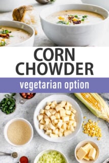 bowls of corn chowder and ingredients text overlay collage