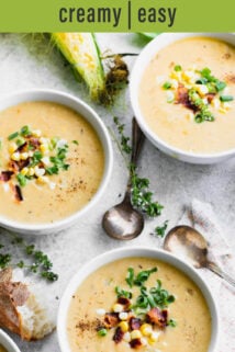 bowls of corn chowder text overlay