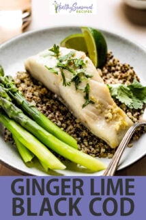 Ginger Lime Black Cod plate with asparagus text overlay