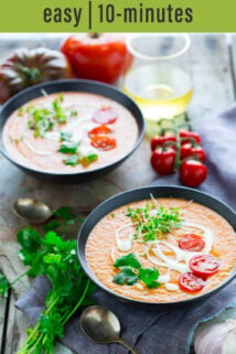 tomato gazpacho side angle bowls text overlay