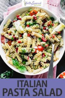 overhead italian pasta salad white bowl text overlay