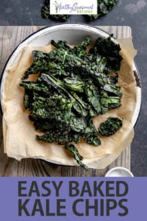 bowl of oven-baked kale chips text overlay