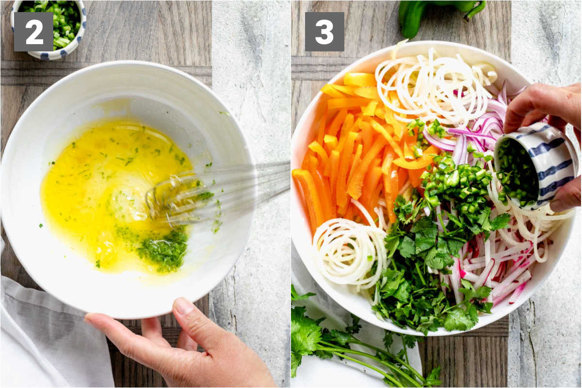 whisk dressing and add ingredients