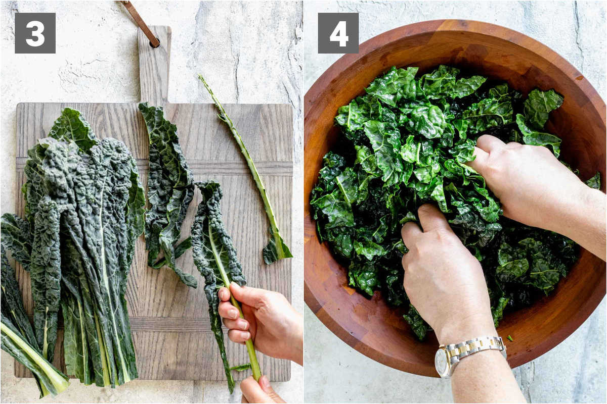 cleaning he kale and massaging it