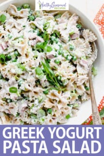 creamy pasta salad with ham and peas text overlay
