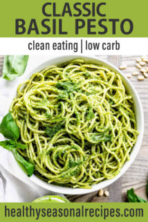 basil pesto pasta bowl text overlay