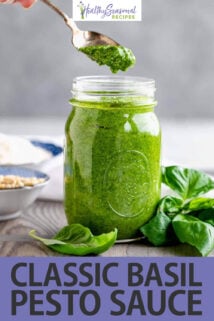 basil pesto sauce mason jar text overlay