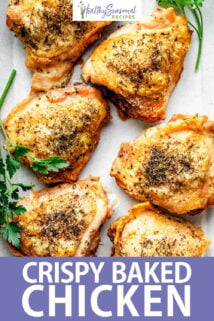 Crispy Skin Baked Chicken Thighs text overlay