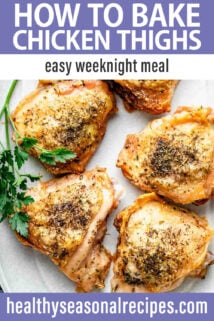 Crispy Skin Baked Chicken Thighs text overlay